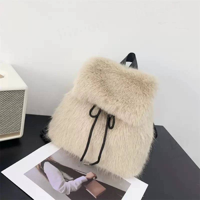 Rabbit Fur Backpack For College Girls Students