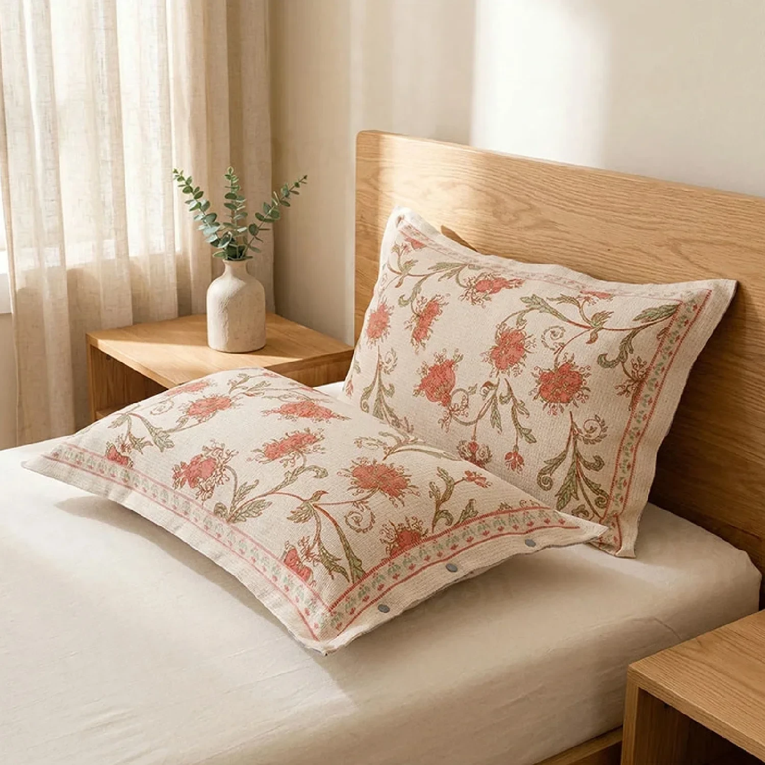 Premium Jacquard Style Floral Pillowcase with Button.