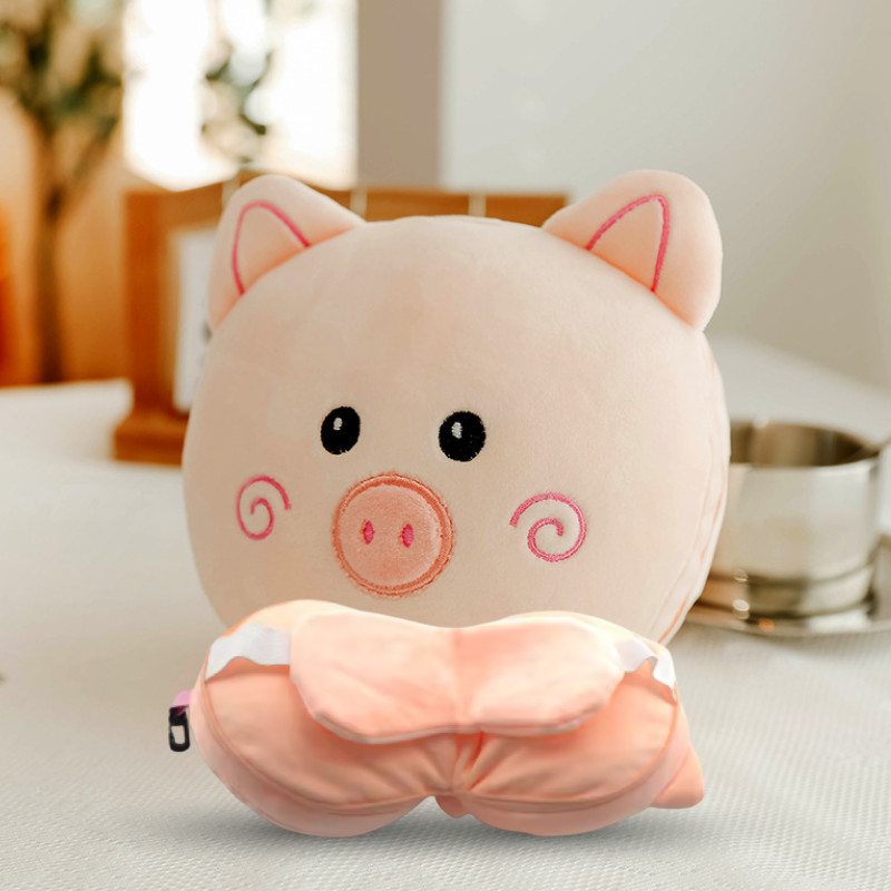 Pig Cartoon Portable Neck Pillow and Eye Mask Set  - 1 Pc