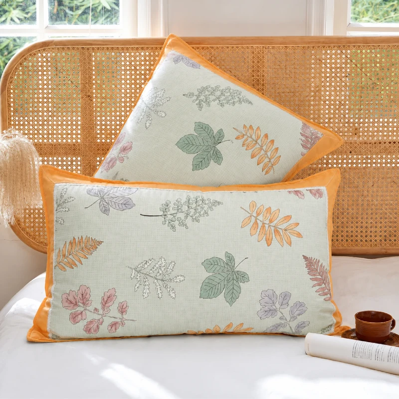 Imported Wash Cotton Botanical Print Pillowcase with Lace