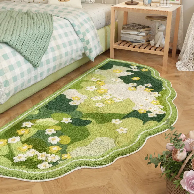 Soft Plush Green Moss Bedside Mat with Floral Pattern