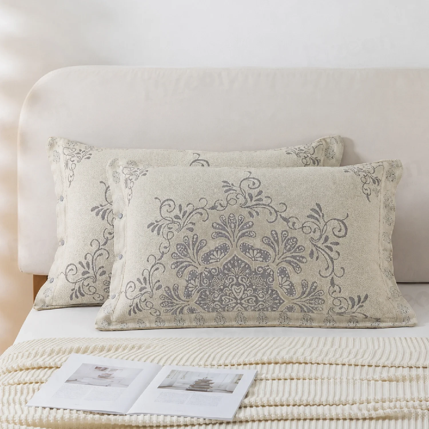 Premium Vintage Jacquard Style Cotton Pillowcase with Button.