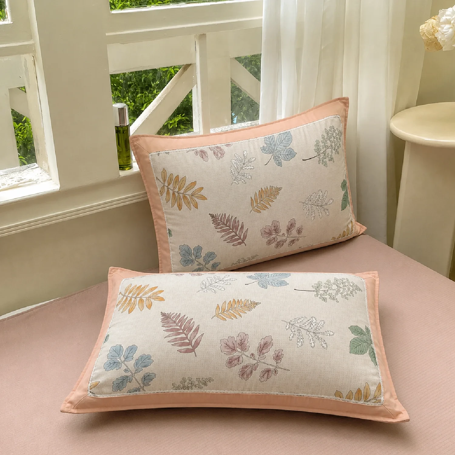 Imported Wash Cotton Botanical Print Pillowcase with Lace