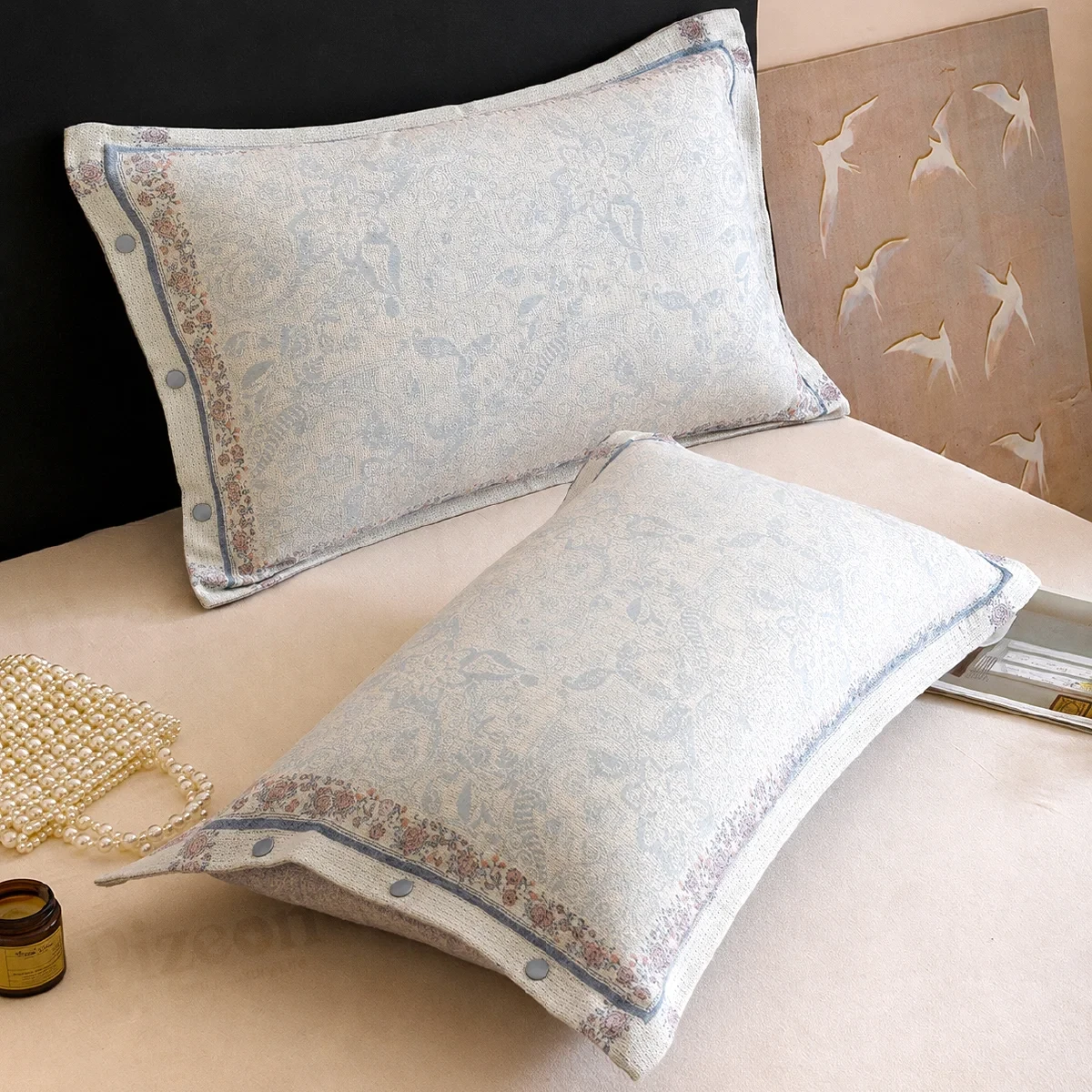 Premium Vintage Jacquard Style Cotton Pillowcase with Button.